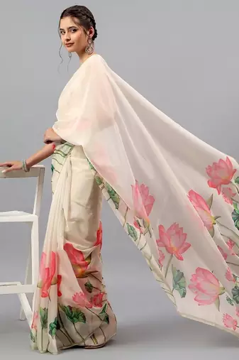 Off white organza printed saree with blouse
