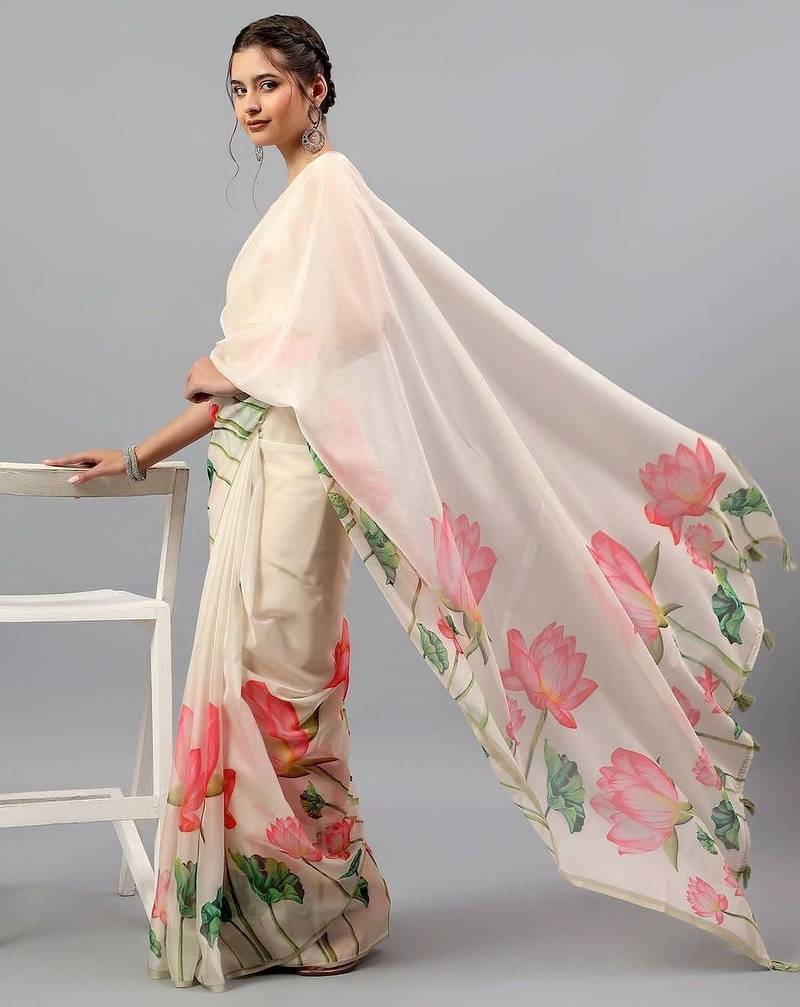 Off white organza printed saree with blouse