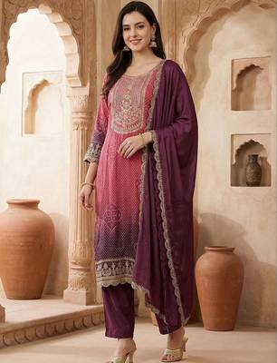 Women Ethnic Motifs Printed Regular Thread Work Kurta with Trousers & With Dupatta 2