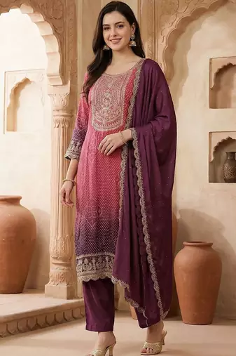 Women Ethnic Motifs Printed Regular Thread Work Kurta with Trousers & With Dupatta