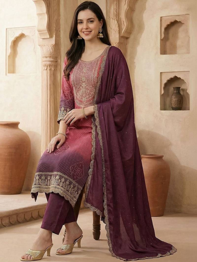 Women Ethnic Motifs Printed Regular Thread Work Kurta with Trousers & With Dupatta