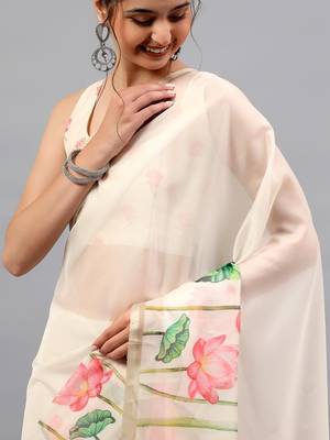 Off white organza printed saree with blouse 5