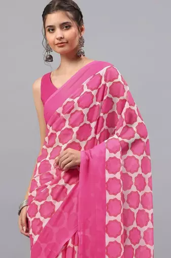 Pink pure georgette printed saree with blouse