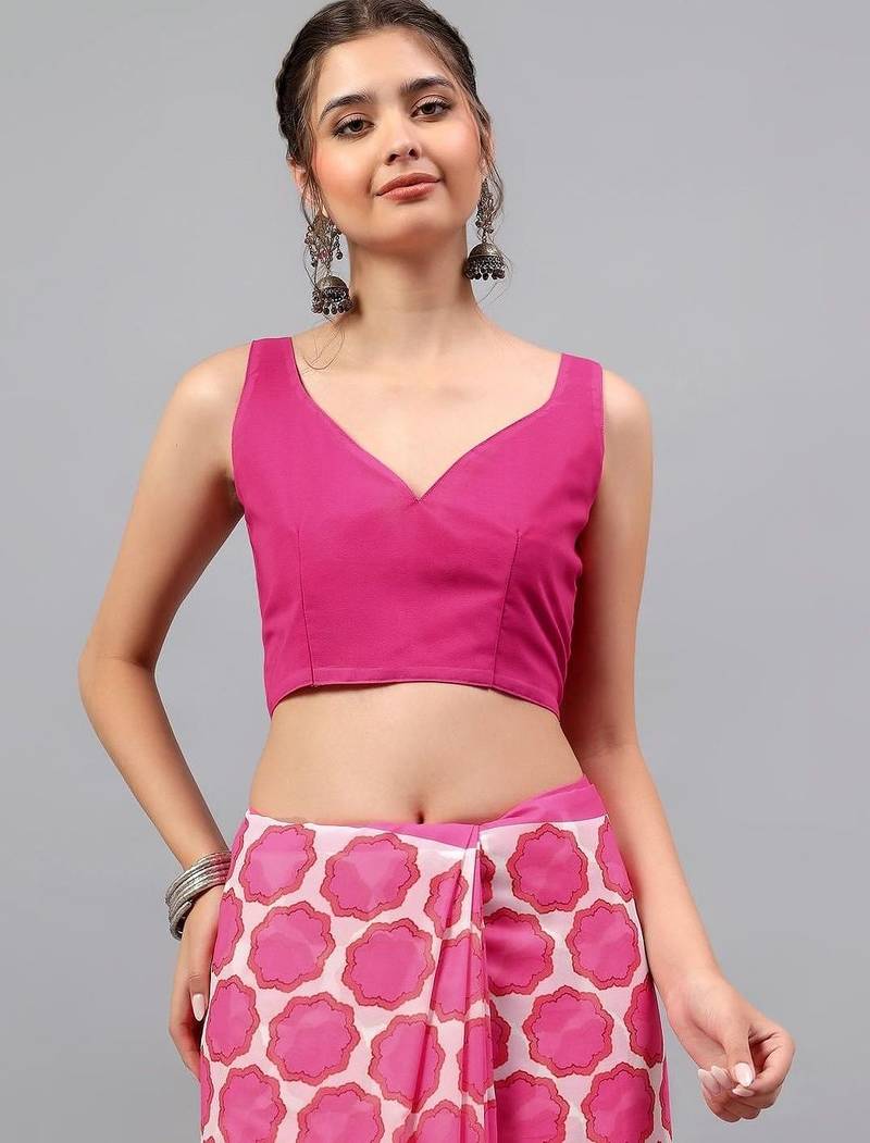Pink pure georgette printed saree with blouse