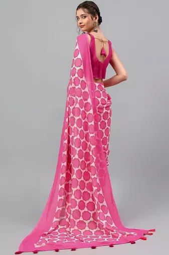 Pink pure georgette printed saree with blouse