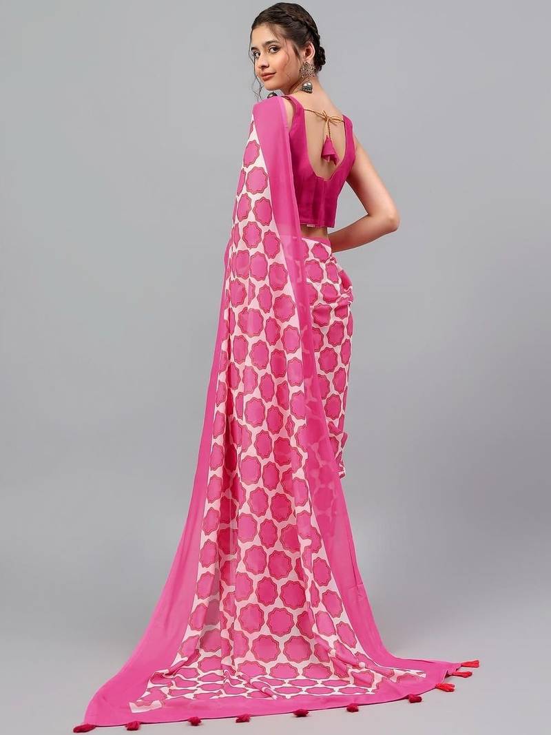 Pink pure georgette printed saree with blouse