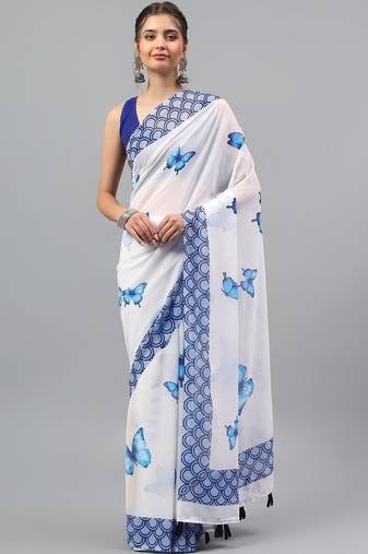 White pure georgette printed saree with blouse