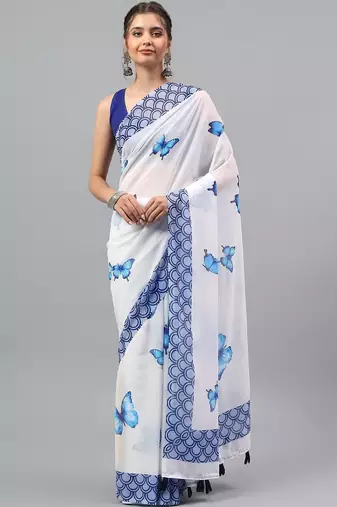 White pure georgette printed saree with blouse
