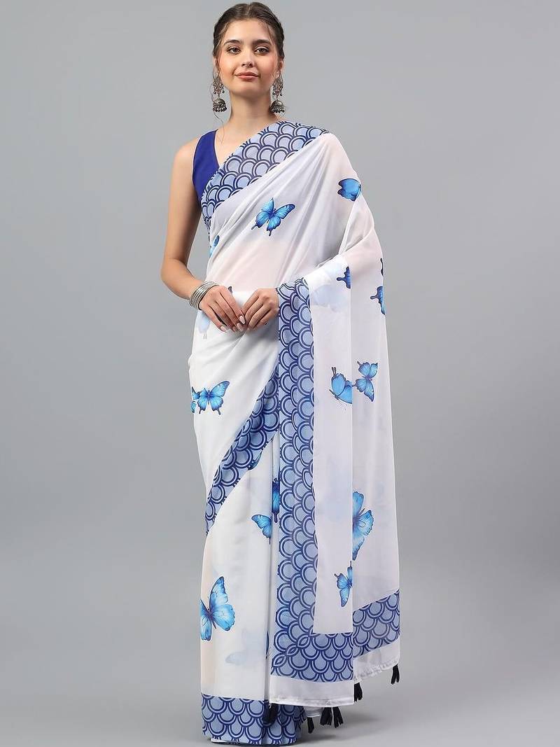 White pure georgette printed saree with blouse