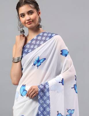 White pure georgette printed saree with blouse 2