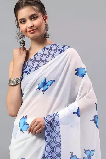 White pure georgette printed saree with blouse