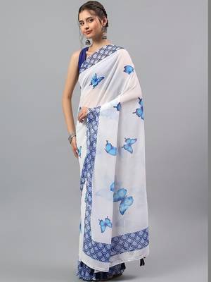 White pure georgette printed saree with blouse 3