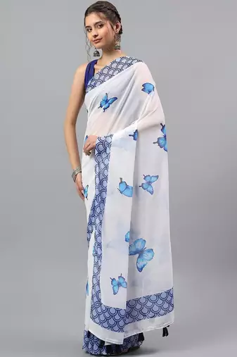 White pure georgette printed saree with blouse