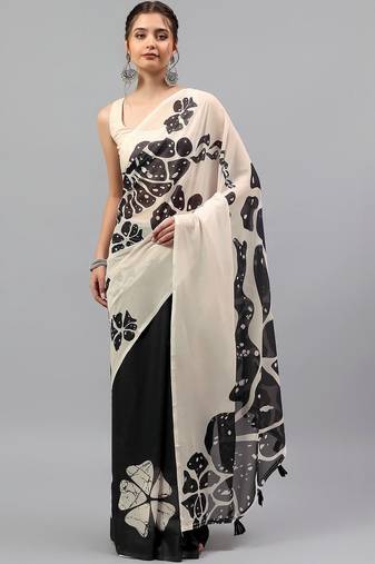 Off white pure georgette printed saree with blouse