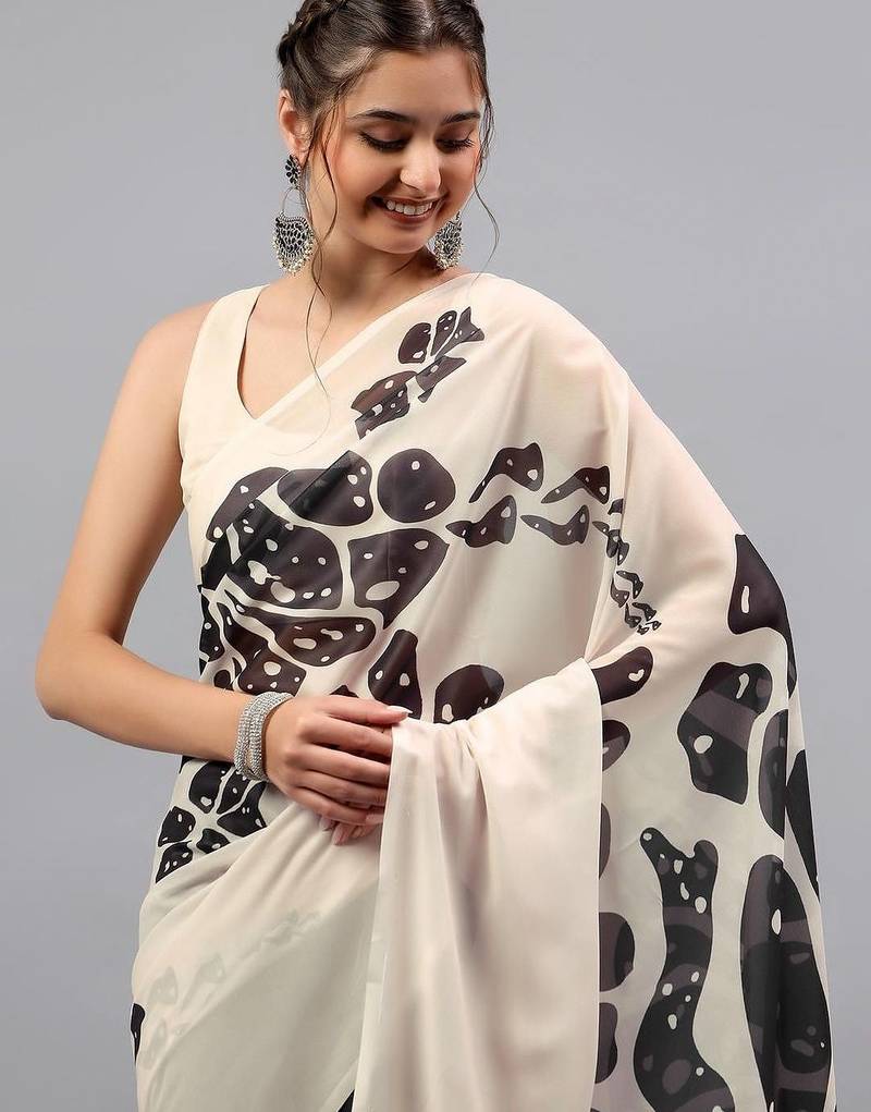 Off white pure georgette printed saree with blouse