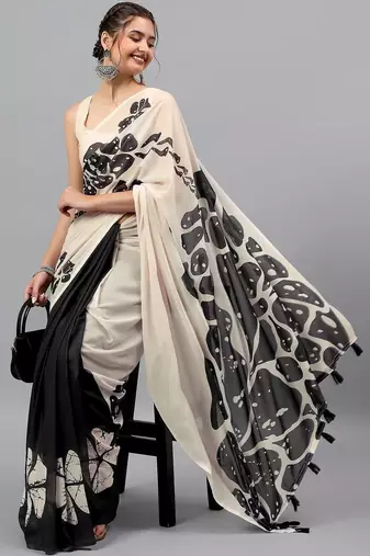 Off white pure georgette printed saree with blouse