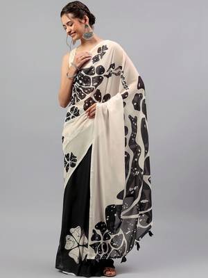 Off white pure georgette printed saree with blouse 4