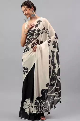 Off white pure georgette printed saree with blouse