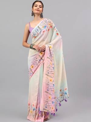 White pure georgette printed saree with blouse 1