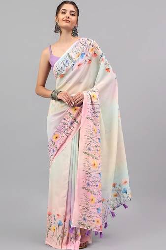 White pure georgette printed saree with blouse