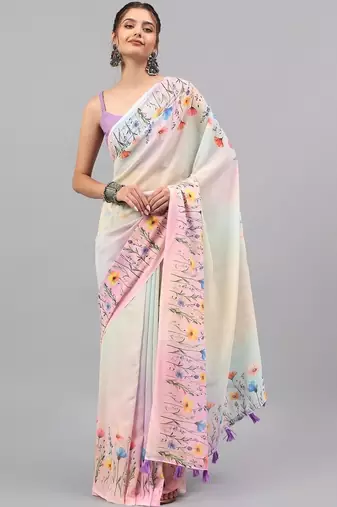 White pure georgette printed saree with blouse