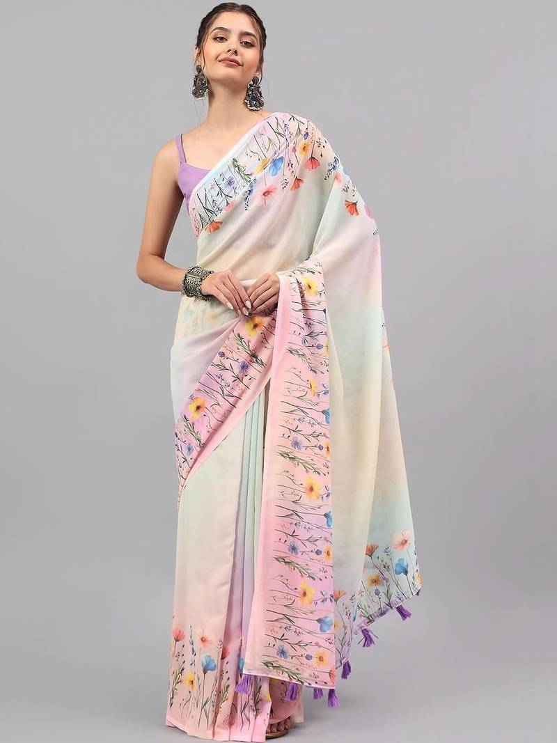 White pure georgette printed saree with blouse