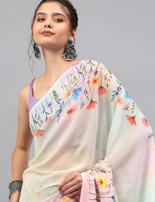 White pure georgette printed saree with blouse 2