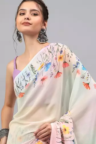 White pure georgette printed saree with blouse
