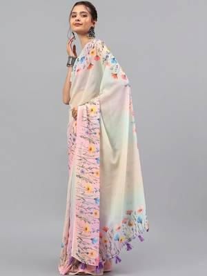 White pure georgette printed saree with blouse 3