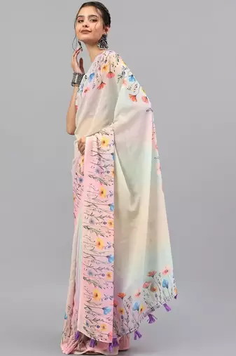 White pure georgette printed saree with blouse