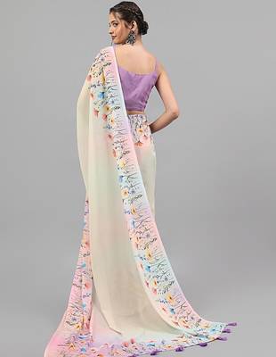 White pure georgette printed saree with blouse 5