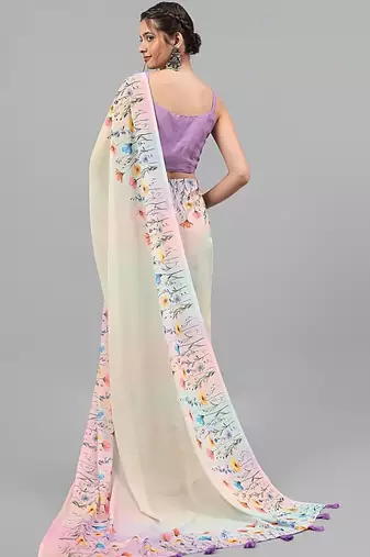 White pure georgette printed saree with blouse