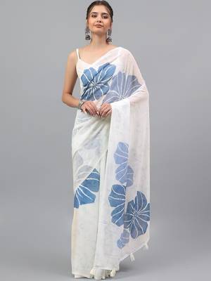 White pure georgette printed saree with blouse 1