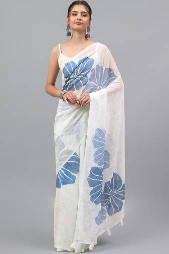 White pure georgette printed saree with blouse