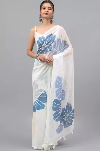 White pure georgette printed saree with blouse