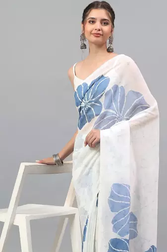 White pure georgette printed saree with blouse