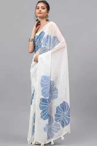 White pure georgette printed saree with blouse