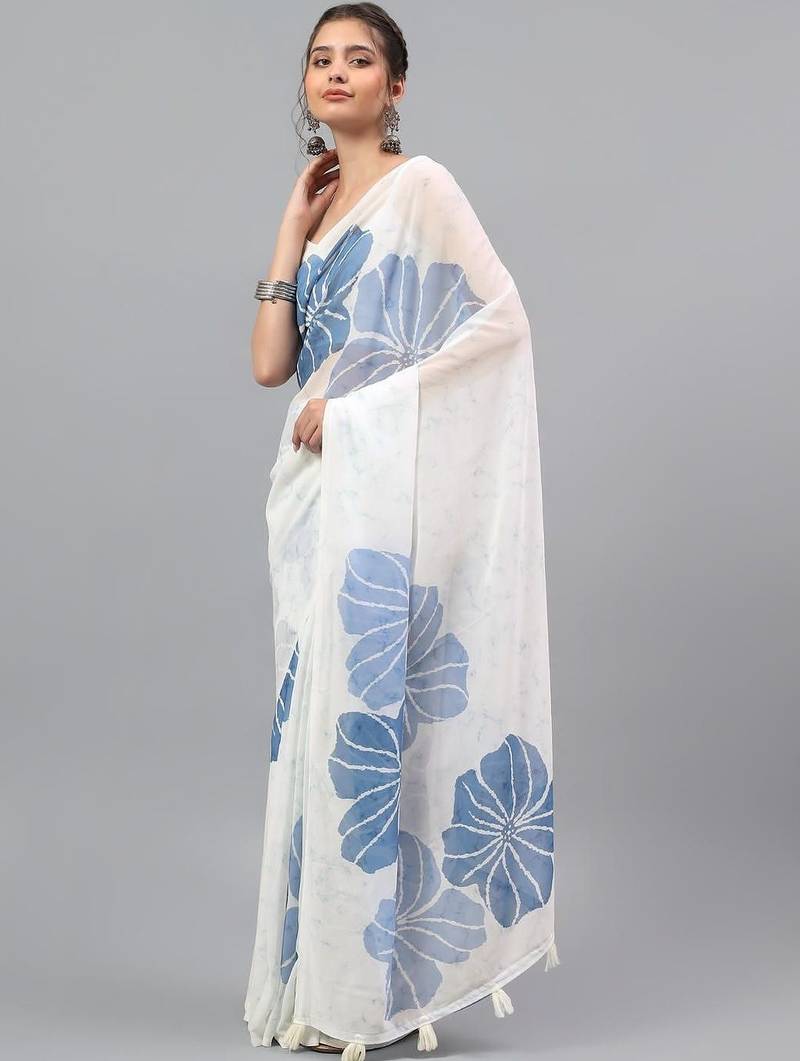 White pure georgette printed saree with blouse