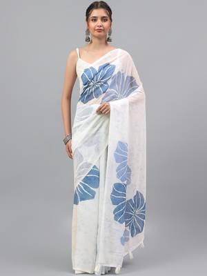 White pure georgette printed saree with blouse 5