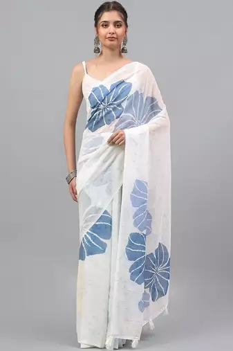 White pure georgette printed saree with blouse