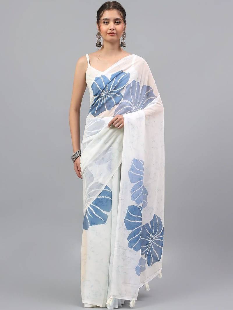 White pure georgette printed saree with blouse