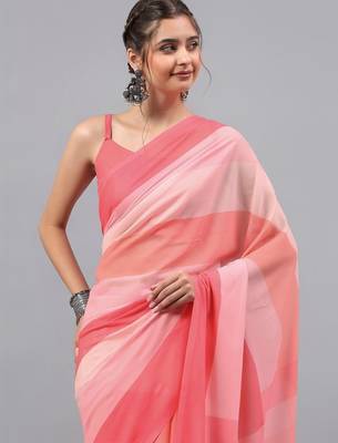 Pink pure georgette dyed saree with blouse 2