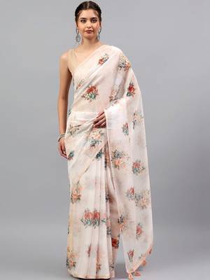 Off white organza printed saree with blouse 1