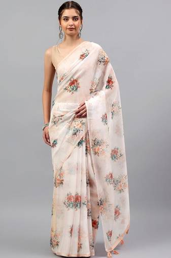 Off white organza printed saree with blouse