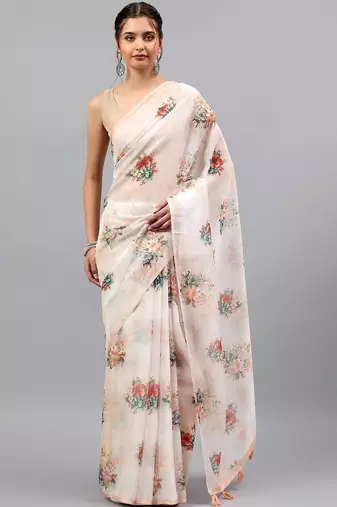 Off white organza printed saree with blouse