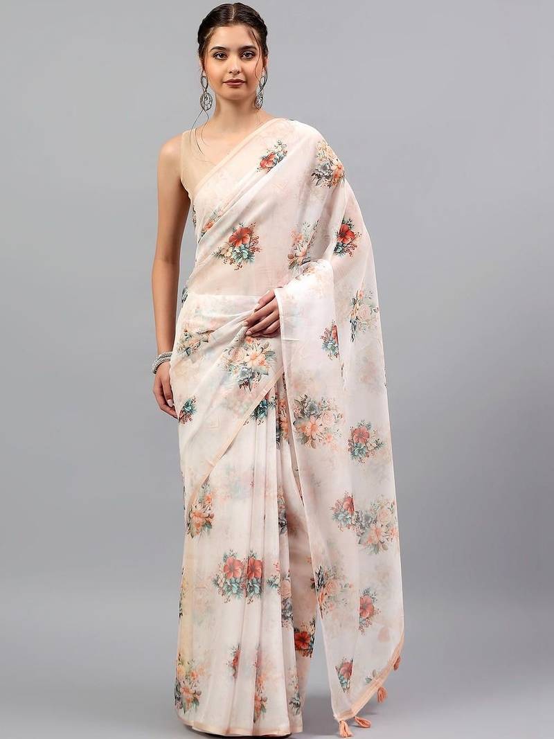 Off white organza printed saree with blouse