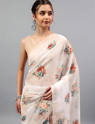 Off white organza printed saree with blouse 2