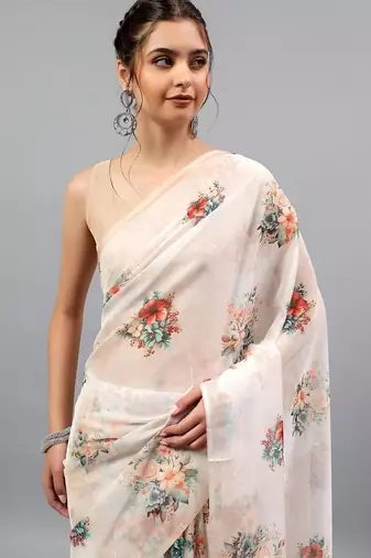 Off white organza printed saree with blouse
