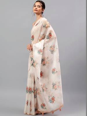 Off white organza printed saree with blouse 3