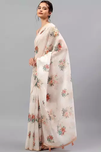 Off white organza printed saree with blouse